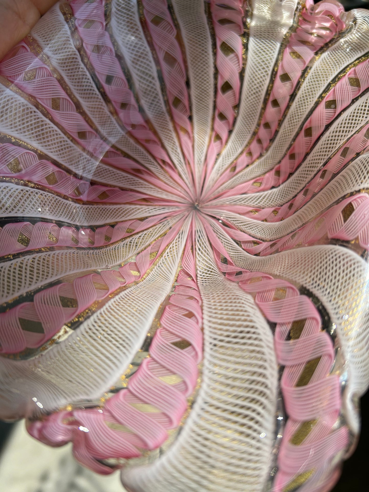 Murano-Style Pink Latticino Art Glass Bowl