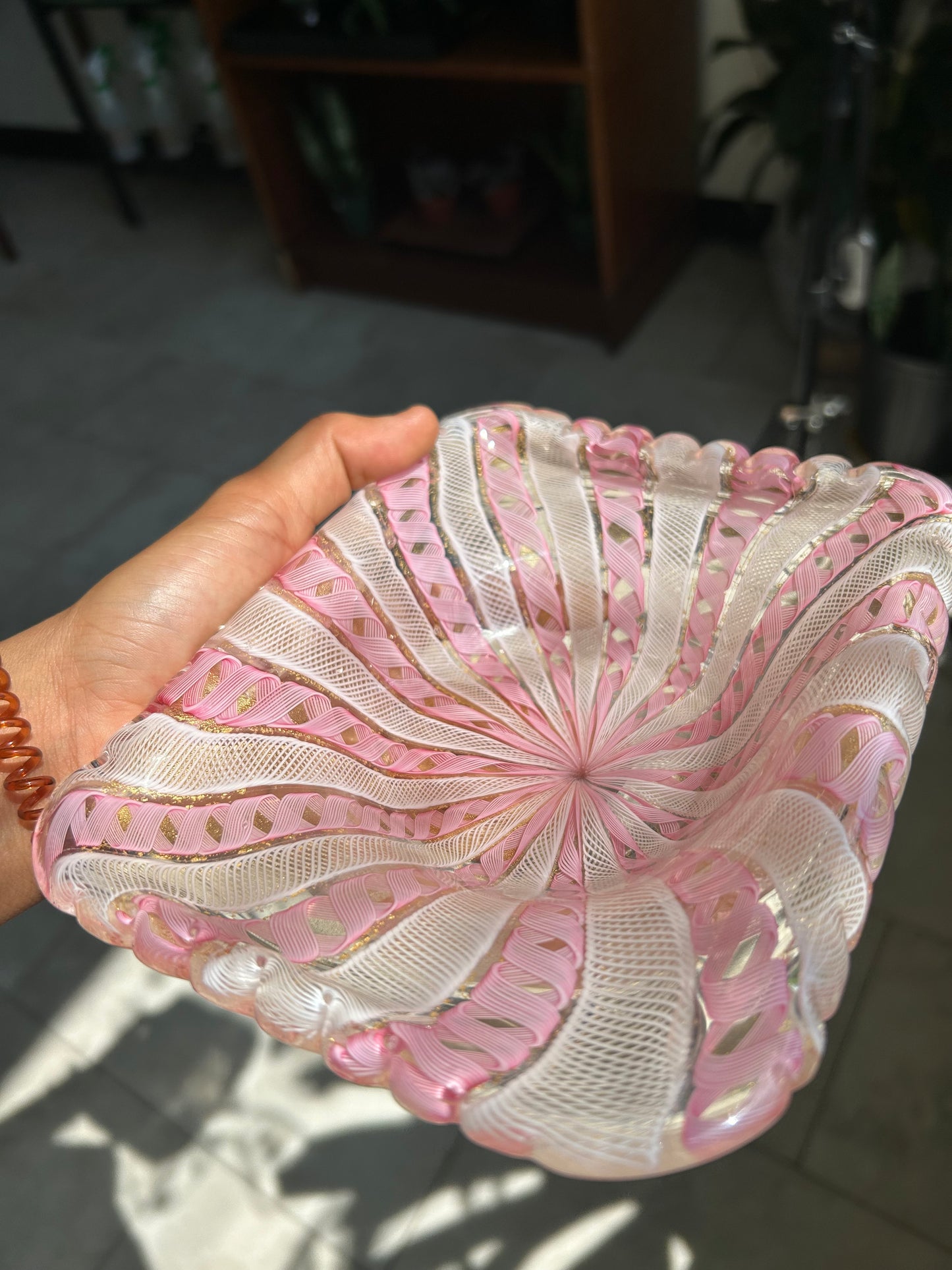 Murano-Style Pink Latticino Art Glass Bowl
