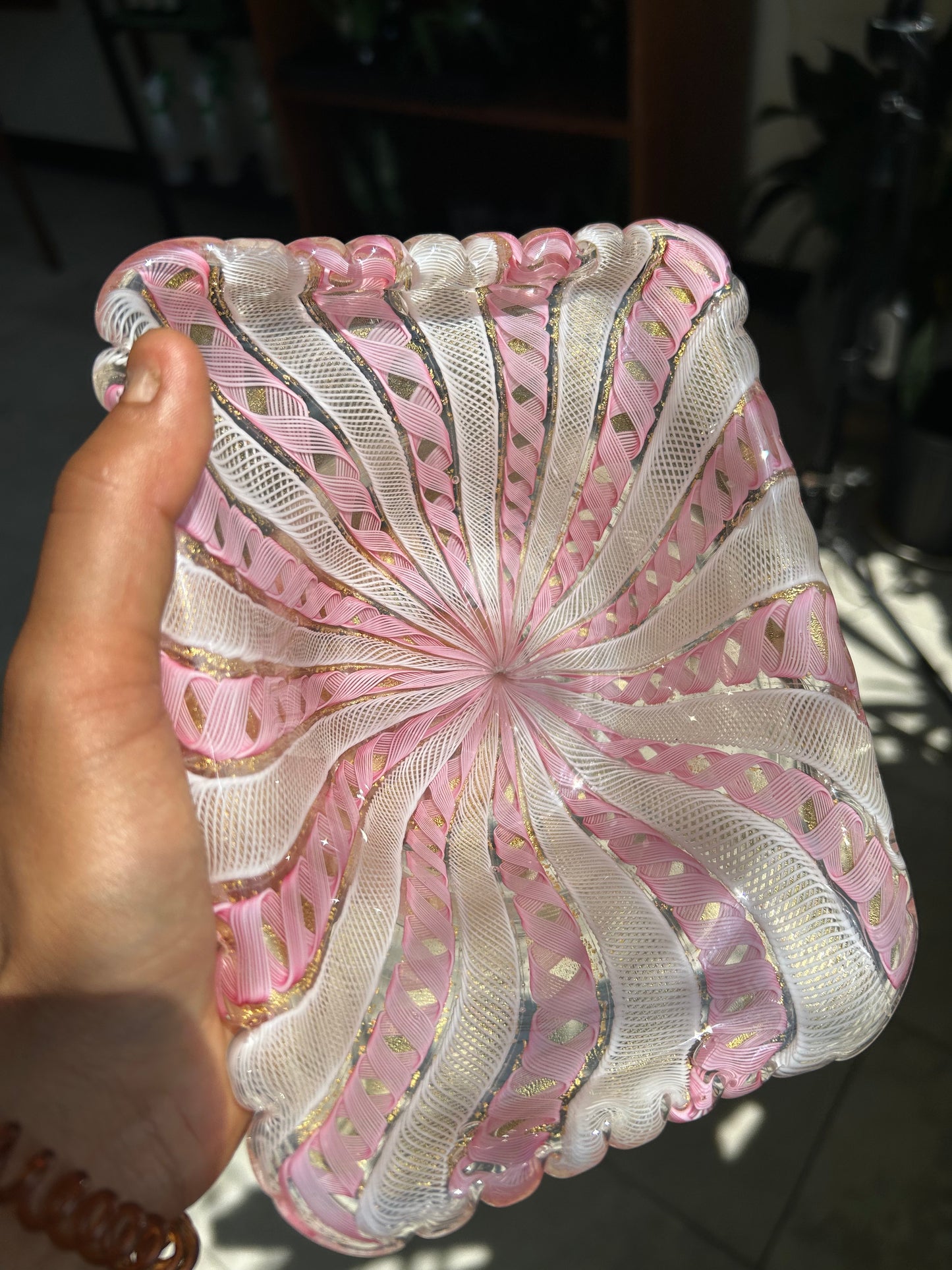 Murano-Style Pink Latticino Art Glass Bowl
