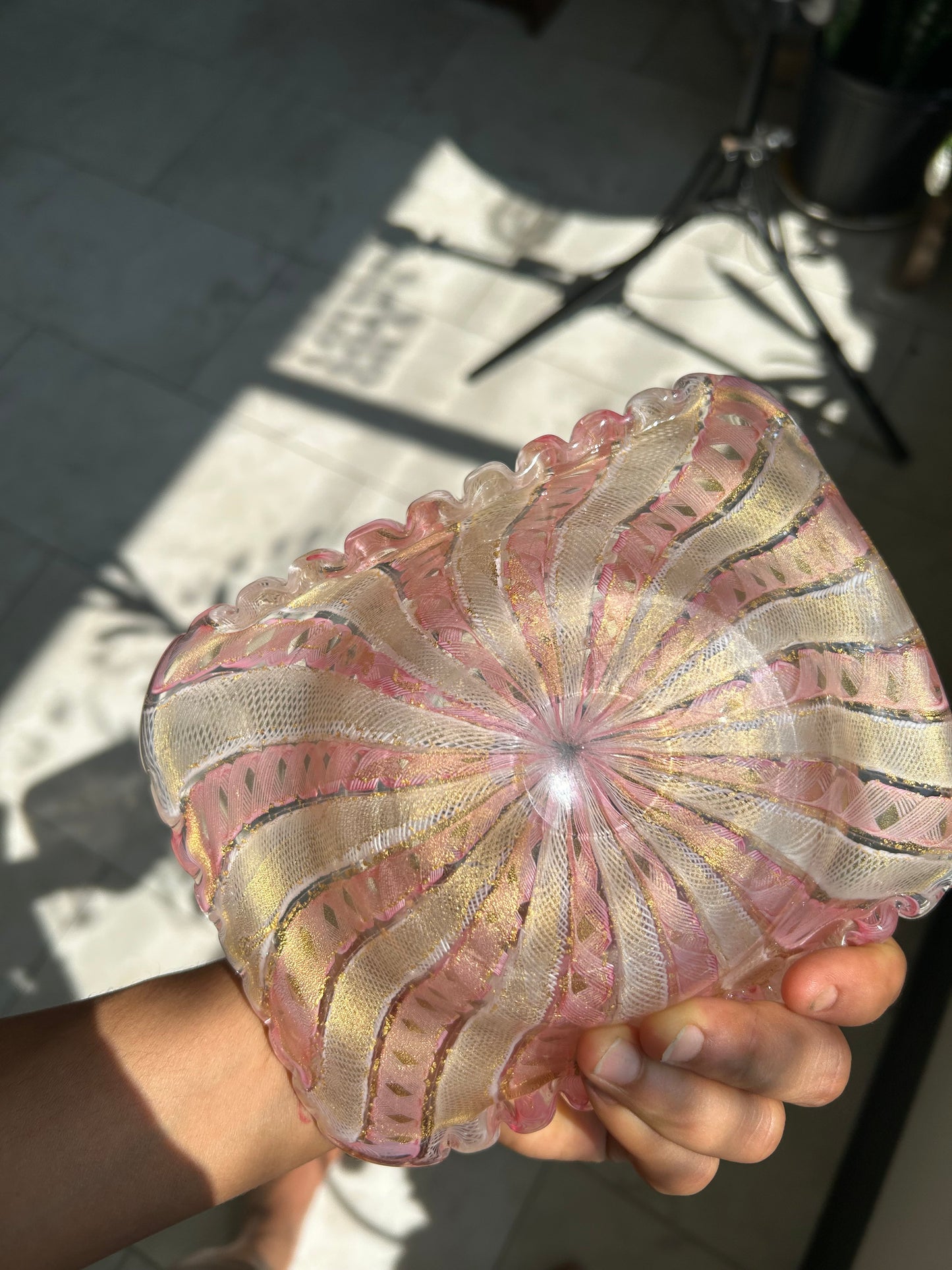 Murano-Style Pink Latticino Art Glass Bowl