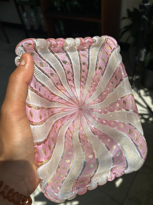 Murano-Style Pink Latticino Art Glass Bowl
